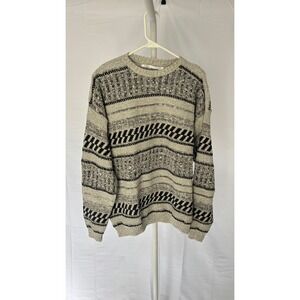 Perry Ellis Mens Large Crewneck Sweater Gray Black Pattern‎ Knit Cotton Blend